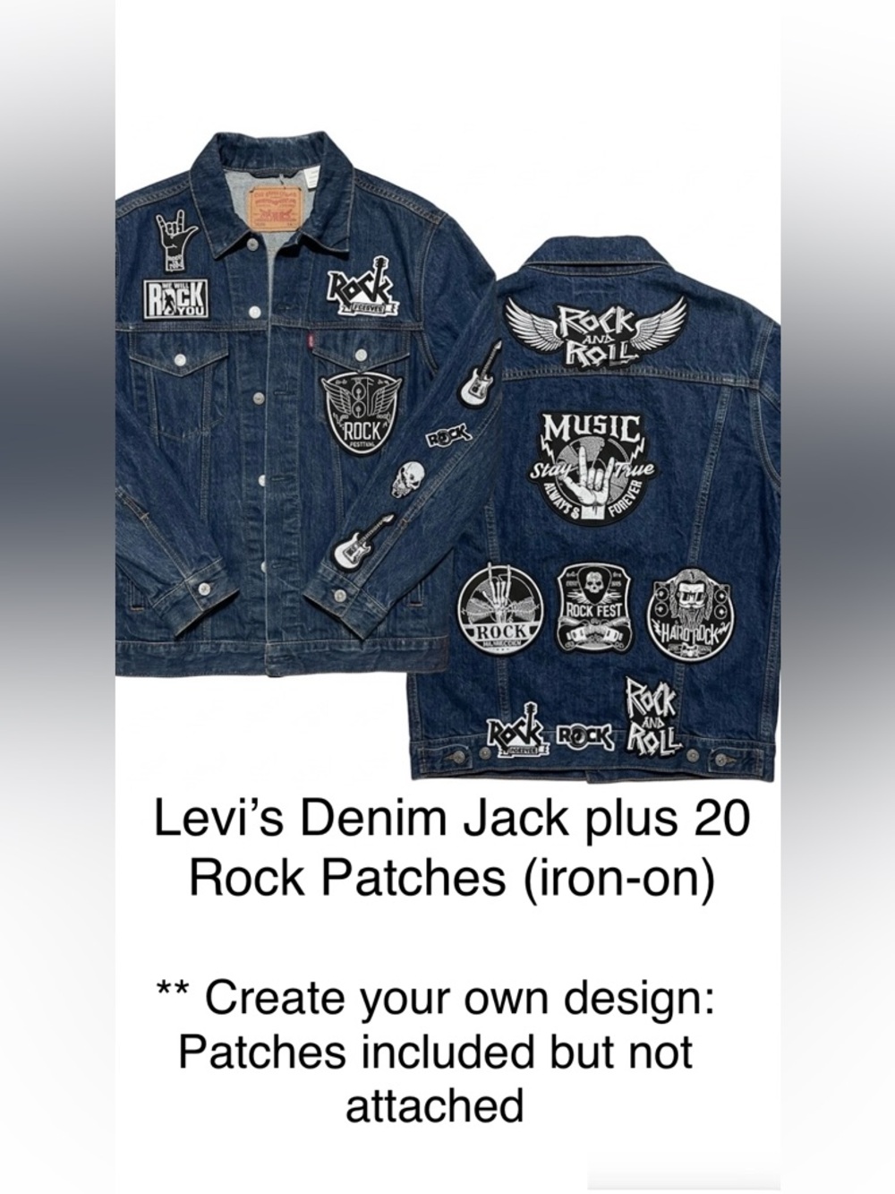 Levi’s Denim Jacket plus 20 Rock and Roll Iron-On Bundle (Un- attached) 2XL